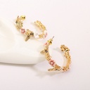 Pink White Flower And Bee C Shape Enamel Hoop Earrings Jewelry Gift