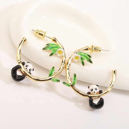 Panda Bamboo And Flower C Shape Enamel Stud Earrings Jewelry Gift