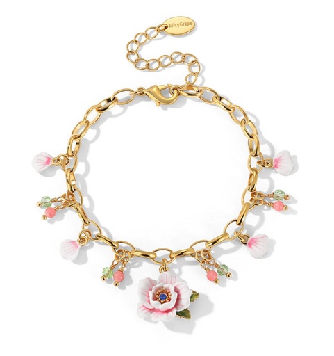 Pink White Cherry Blossom Flower Enamel Charm Bracelet Jewelry Gift