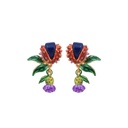 Purple Flower Green Leaf And Stone Enamel Earrings