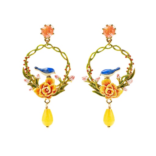 Blue Bird Tit On Pink Yellow Flower Branch Enamel Dangle Drop Earrings