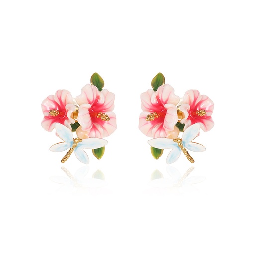 Pink Flower And Dragonfly Enamel Stud Earrings