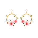 Pink Flower And Dragonfly Hoop Pearl Enamel Dangle Earrings