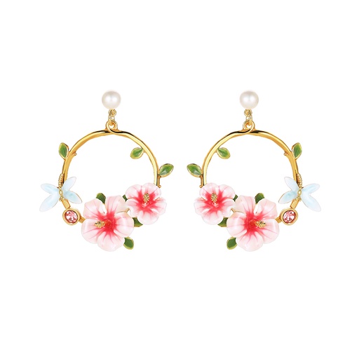 Pink Flower And Dragonfly Hoop Pearl Enamel Dangle Earrings