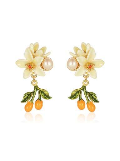 Orange Blossom Flower Kumquat Pearl Enamel Dangle Earrings