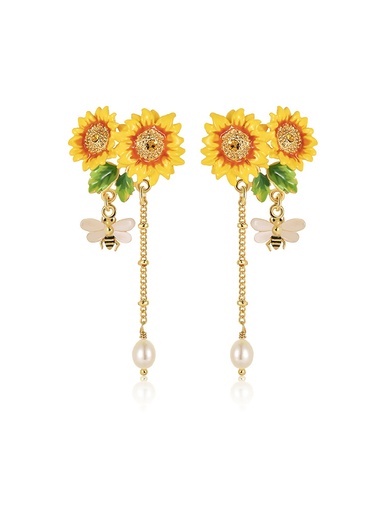 Yellow Sunflower And Bee Enamel Dangle Tassel Earrings Jewelry Gift