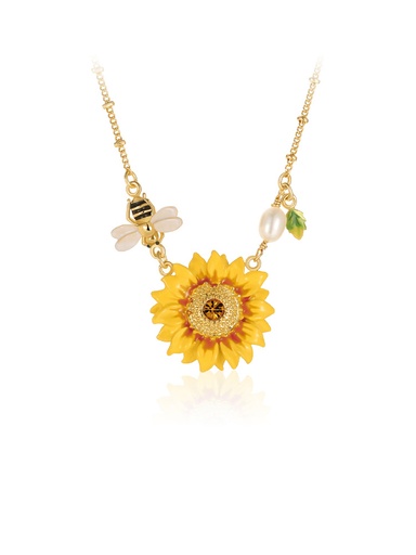 Yellow Sunflower And Bee Pearl Enamel Pendant Necklace Jewelry Gift