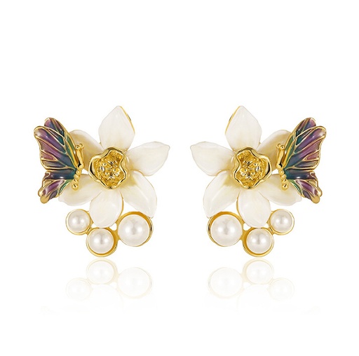 Flower With Butterfly And Pearl Enamel Stud Earrings Jewelry Gift