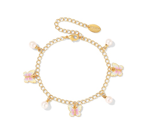 Butterfly Heart Pearl Enamel Charm Bracelet Jewelry Gift