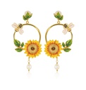 Sunflower Bee And Crystal Pearl Enamel Dangle Earrings Jewelry Gift