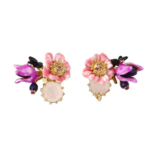 Pink Purple Flower And Stone Enamel Earrings