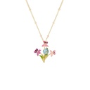 Pink Flower de Luce Irises And Stone Enamel Pendant Necklace