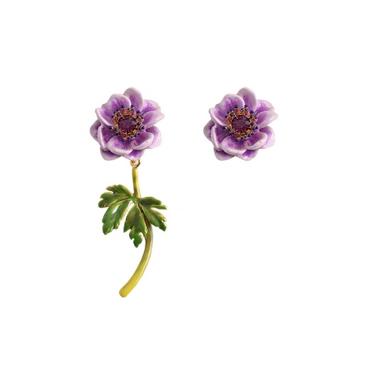 Purple Lotus Flower Enamel Asymmetrical Stud Earrings