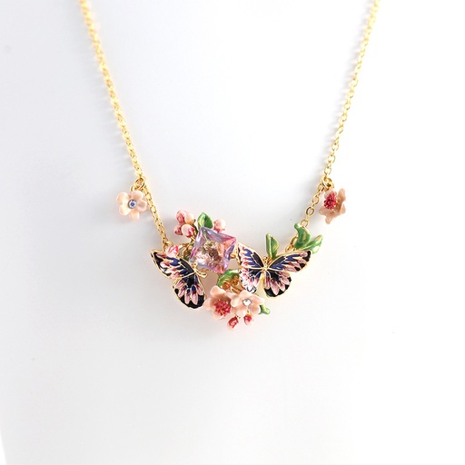 Pink Flower Blossom Branch And Butterfly Enamel Pendant Necklace