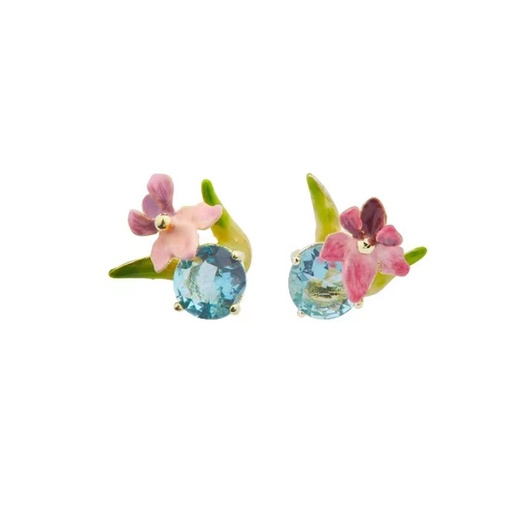 Pink Flower de Luce Irises And Stone Enamel Asymmetrical Stud Earrings