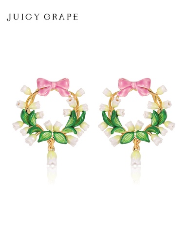 Pink Bow And Lily Flower Enamel Hoop Stud Earrings Jewelry Gift