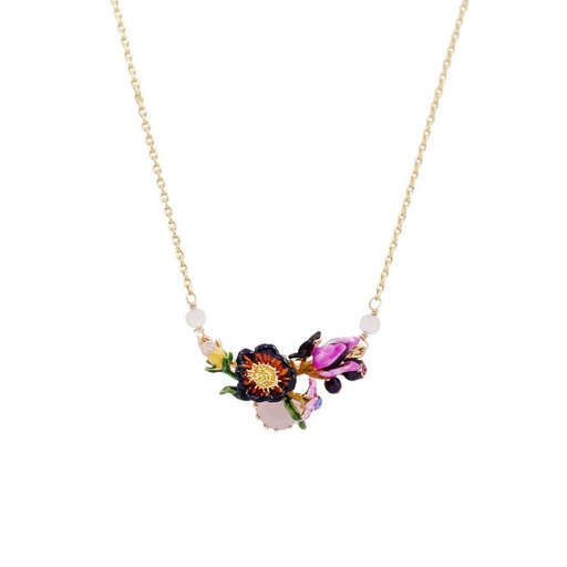 Purple Flower And Stone Enamel Pendant Necklace