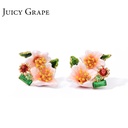 Pink Peach Flower And Crystal Enamel Stud Earrings