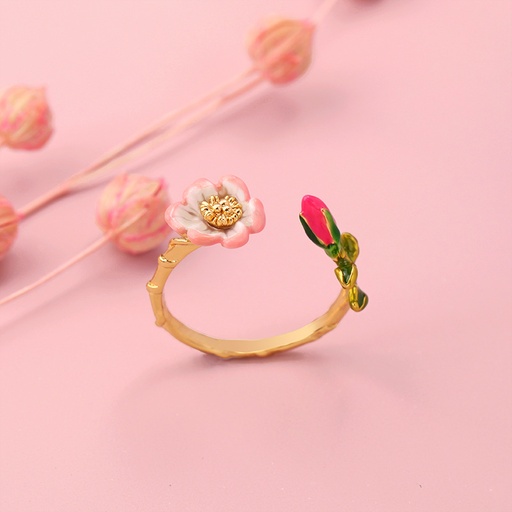 Pink Flower Bud and Leaf Enamel Adjustable Ring