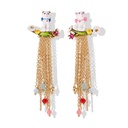 Cat Kitten Kitty And Flower Tassel Asymmetrical Enamel Earrings