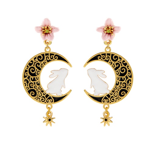 Cute Rabbit Bunny On Moon Flower Enamel Stud Earrings