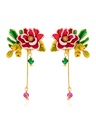 Dahlia Red Flower Yellow Bud And Bead Enamel Earrings