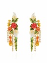 Orange Red Flower Bud Tassel And Green Leaf Enamel Dangle Earrings Jewelry Gift