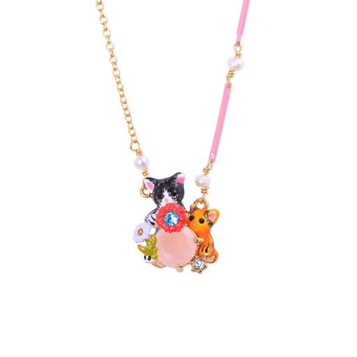 Cat Kitten Kitty And Pink Flowers Enamel Necklace