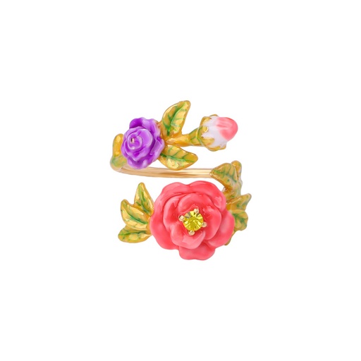 Hand Painted Enamel Pink Red Flower Inlay Zircon Stone Ring Adjustable Size