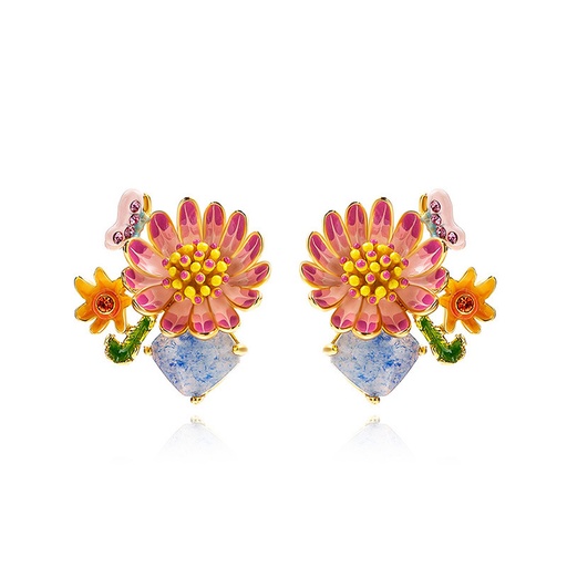 Pink Orange Colorful Flower Butterfly And Stone Enamel Stud Earrings Jewelry Gift