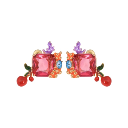 Pink Gem Cherry Enamel Earrings Jewelry Stud Clip Earrings