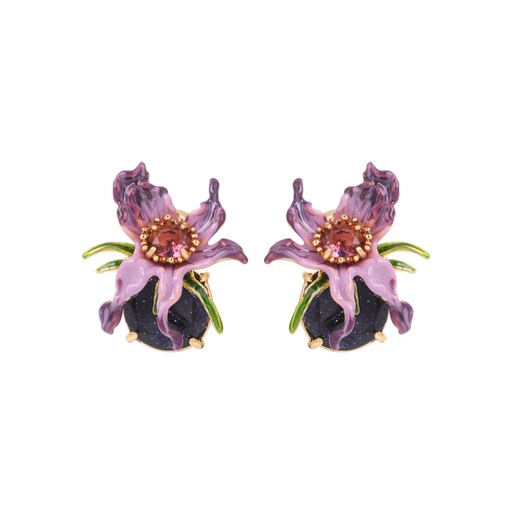 Purple Flower on Carved Crystal Enamel Earrings