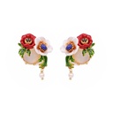 Flower Leaf And Stone Enamel Earrings